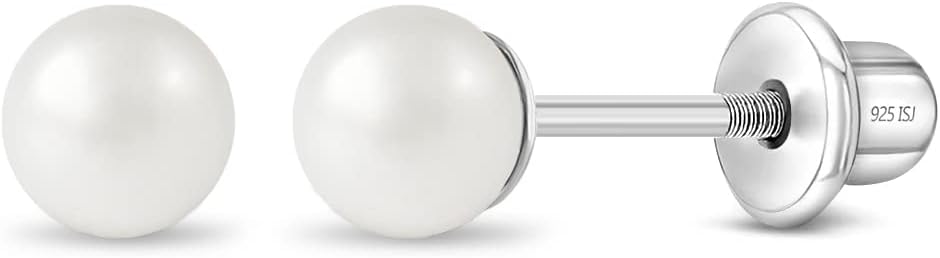 925 Sterling Silver Simulated Pearl Baby Earrings in 3mm-5mm for Toddlers & Young Girls - Hypoallergenic Safety Screw Back Earrings with White Simulated Pearls for Kids