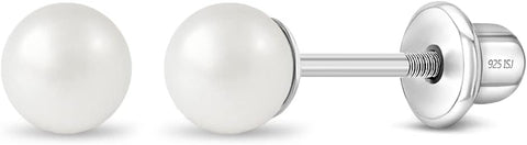 925 Sterling Silver Simulated Pearl Baby Earrings in 3mm-5mm for Toddlers & Young Girls - Hypoallergenic Safety Screw Back Earrings with White Simulated Pearls for Kids
