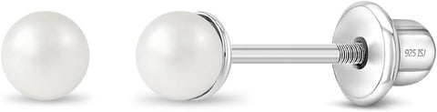 925 Sterling Silver Simulated Pearl Baby Earrings in 3mm-5mm for Toddlers & Young Girls - Hypoallergenic Safety Screw Back Earrings with White Simulated Pearls for Kids