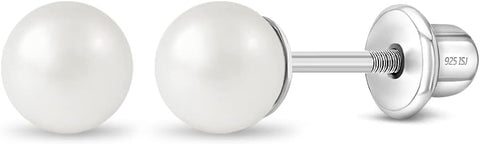 925 Sterling Silver Simulated Pearl Baby Earrings in 3mm-5mm for Toddlers & Young Girls - Hypoallergenic Safety Screw Back Earrings with White Simulated Pearls for Kids