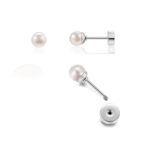 14K Gold Screw Back Pearl Stud Earrings for Women,Flat Back Pearl Cartilage Earrings Pearl Helix Earrings Hypoallergenic 316L Surgical Steel Piercing Jewelry Gift for Toddlers (5mm Pearl, Gold)
