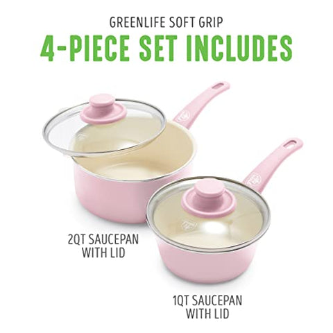 GreenLife Soft Grip 1QT and 2QT Saucepan Set, Healthy Ceramic Nonstick, Non Toxic PFAS & PFOA-Free, Dishwasher Safe, Glass Lids, Stay-Cool Handles, Easy Clean Cookware, Kitchen Essentials, Pink