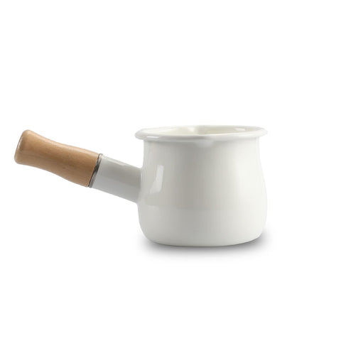 FARCADY 0.6qt Mini Enamel Milk Pot Insulated Wooden Handle 2 Pour Spouts Small Food Warmer Cute Saucepan(D015,White)