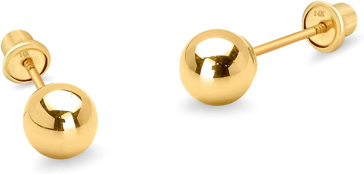 14k Yellow Gold 2,3,4,5,6mm Plain Hollow Gold Ball Children Screw back Baby Girls Stud Earrings