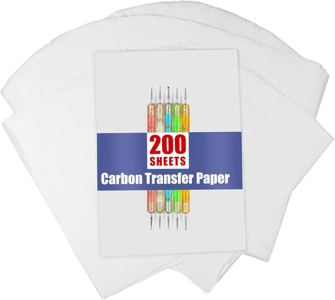 200 Sheets Carbon Paper Black Graphite Paper Transfer Tracing Paper and 5 Pieces Ball Embossing Styluses for DIY Woodworking, Paper, Canvas and Other Art Craft Surfaces