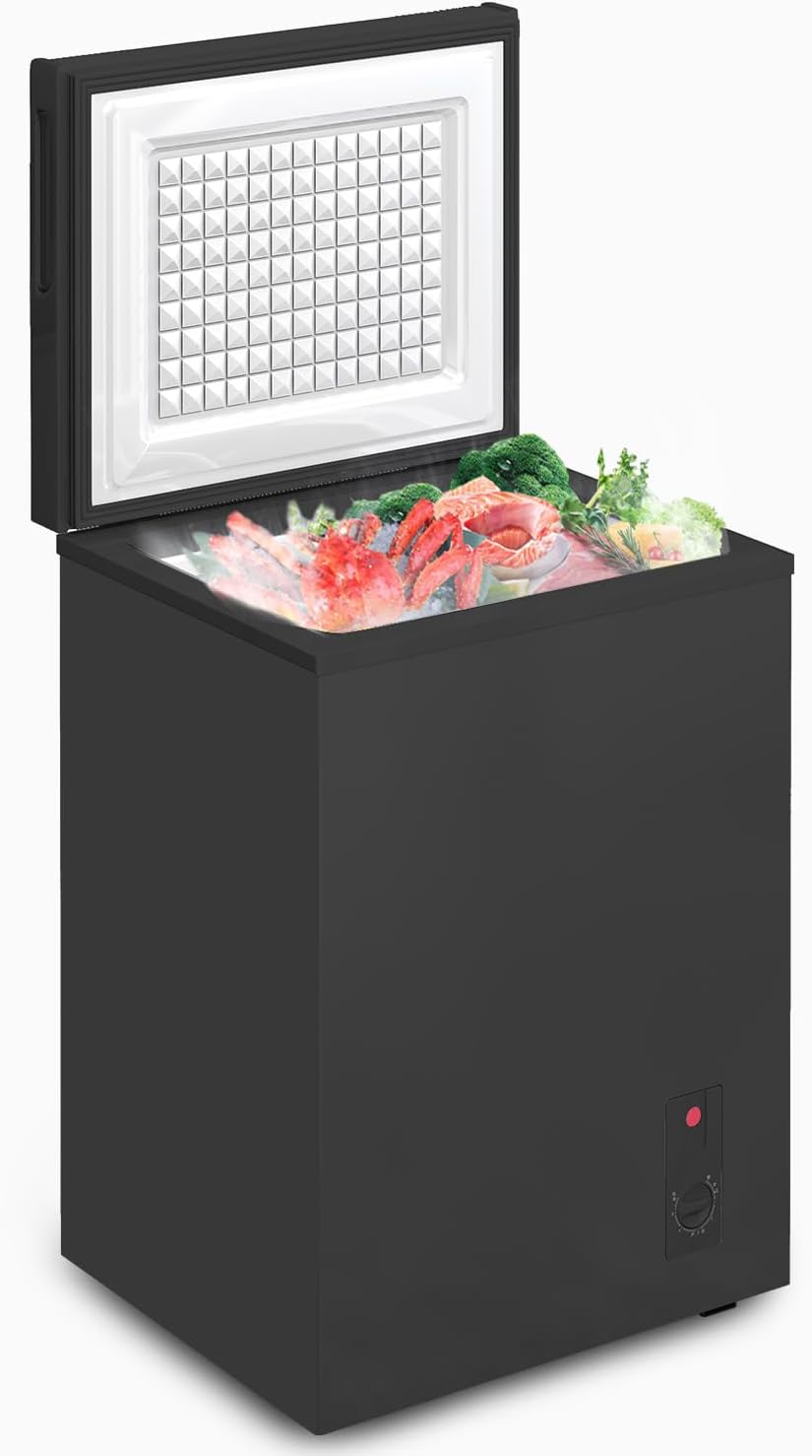 3.5 Cu Ft Chest Freezer, Compact Freezer with 7 Level Adjustable Temperature,Top Open Door Freezer with Removable Storage Basket,Energy Saving Deep Freezer, Black