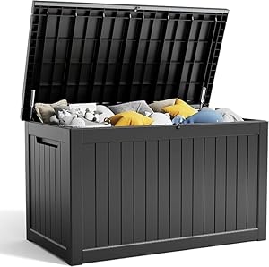 100 Gallon Resin Deck Box, Lockable Patio Outdoor Storage Box for Furniture, Garden Tools and Tools Storage, Waterproof Outside Storage Boxes - Black