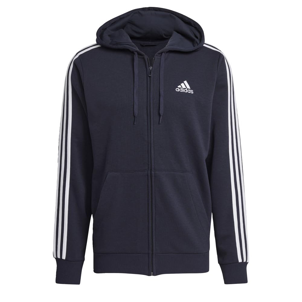 adidas Men's Essentials French Terry 3-Stripes Full-Zip Hoodie, Legend Ink/White, Small