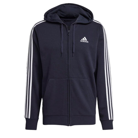 adidas Men's Essentials French Terry 3-Stripes Full-Zip Hoodie, Legend Ink/White, Small