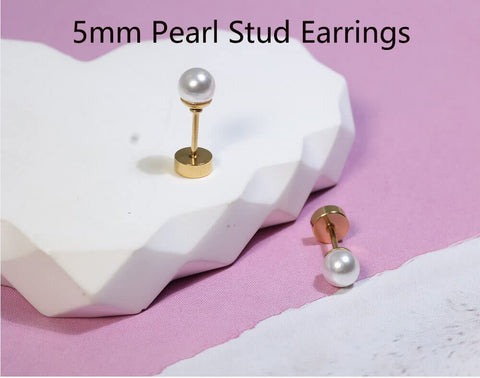 14K Gold Screw Back Pearl Stud Earrings for Women,Flat Back Pearl Cartilage Earrings Pearl Helix Earrings Hypoallergenic 316L Surgical Steel Piercing Jewelry Gift for Toddlers (5mm Pearl, Gold)
