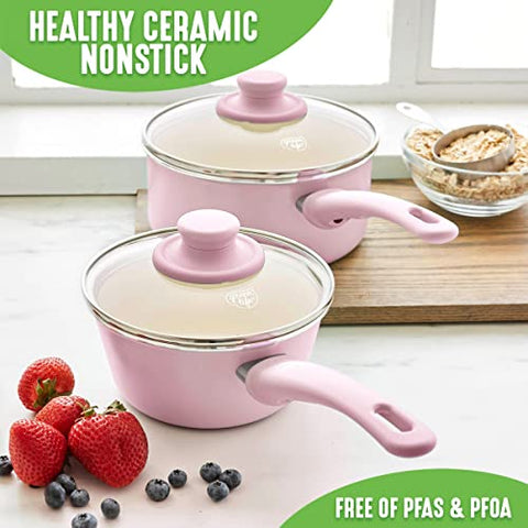 GreenLife Soft Grip 1QT and 2QT Saucepan Set, Healthy Ceramic Nonstick, Non Toxic PFAS & PFOA-Free, Dishwasher Safe, Glass Lids, Stay-Cool Handles, Easy Clean Cookware, Kitchen Essentials, Pink