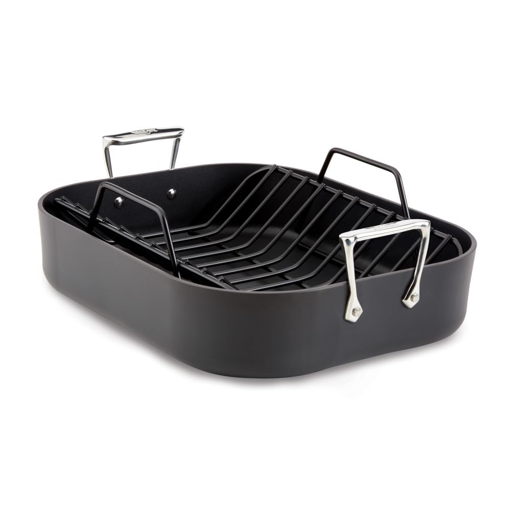 All-Clad HA1 Hard Anodized Nonstick Roaster and Nonstick Rack 13x16 Inch Oven Broiler Safe 500F Roaster Pan, Pots and Pans, Cookware Black