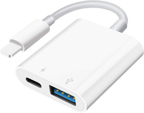Adaptador USB para cámara, adaptador USB hembra OTG compatible con iPhone/iPad, adaptador USB portátil para iPhone con puerto de carga, sin aplicación, Plug and Play (blanco)
