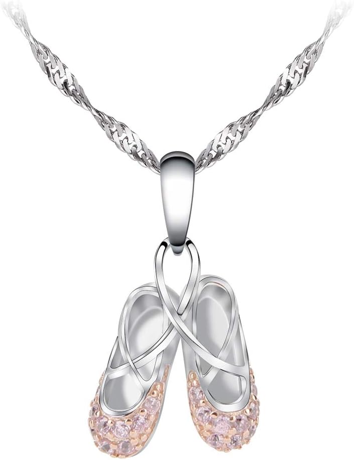 925 Sterling Silver Dance Recital Gifts for Girls Ballerina Necklace Jewelry Cubic Zirconia Ballet Slippers Shoes Necklace for Women Teen Little Girl & Dancer 18"