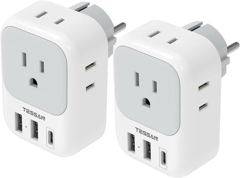 2 Pack European Plug Adapter USB C, TESSAN US to Europe Adapter 4 Outlets 3 USB Charger, Type C International Power Adaptor to Italy Spain France Portugal Iceland Germany, Europe Travel Essentials