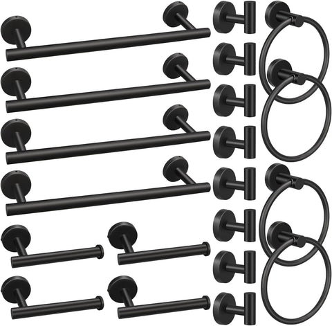 5/10/20pcs Bathroom Hardware Set, Including 16" Hand Towel Bars, Toilet Paper Holders, Towel Rings, Robe Towel Hooks (10pcs 16" Black)