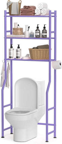 3-Tier Over The Toilet Storage, Space Saver Metal Bathroom Shelves, Freestanding Above Over Toilet Storage Shelf with 4 Hooks for Bathroom, Black