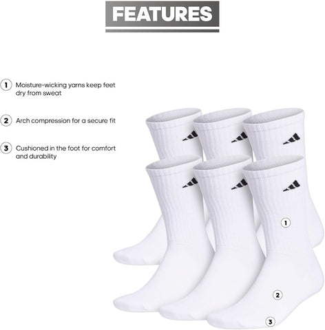 adidas Men's Athletic Cushioned 6-Pack Crew, Cushioned Crew Socks with Arch Compression for a Secure Fit