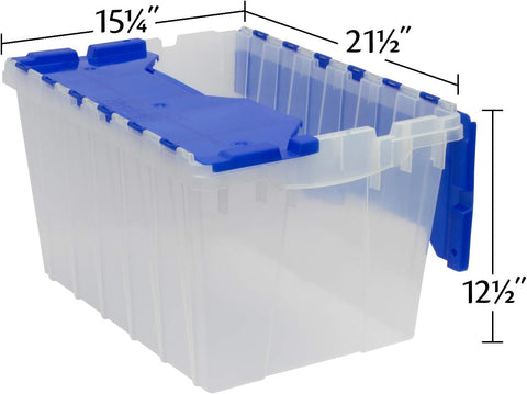 Akro-Mils KeepBox 12 Gallon Storage Container, Nesting and Stackable Plastic Storage Box with Lid Attached, Clear Tote for Garages, Closets, and Moving, 21-1/2" x 15" x 12-1/2", Clear/Blue