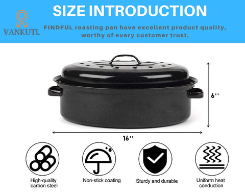 16 Inch Roasting Pan with Lid - Covered Oval Roaster - Enamel Carbon Steel Roaster Pot - Excellent Heat Distribution and Non-sticky - for Turkey Chicken Meat & Vegetables -Birthday and Holiday gifts