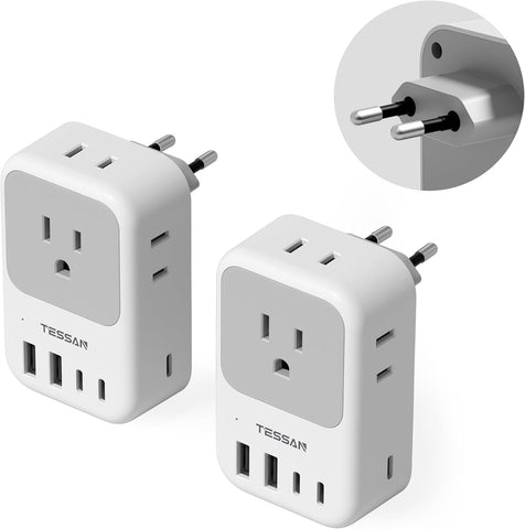 2 Pack European Plug Adapter USB C, TESSAN US to Europe Adapter 4 Outlets 3 USB Charger, Type C International Power Adaptor to Italy Spain France Portugal Iceland Germany, Europe Travel Essentials