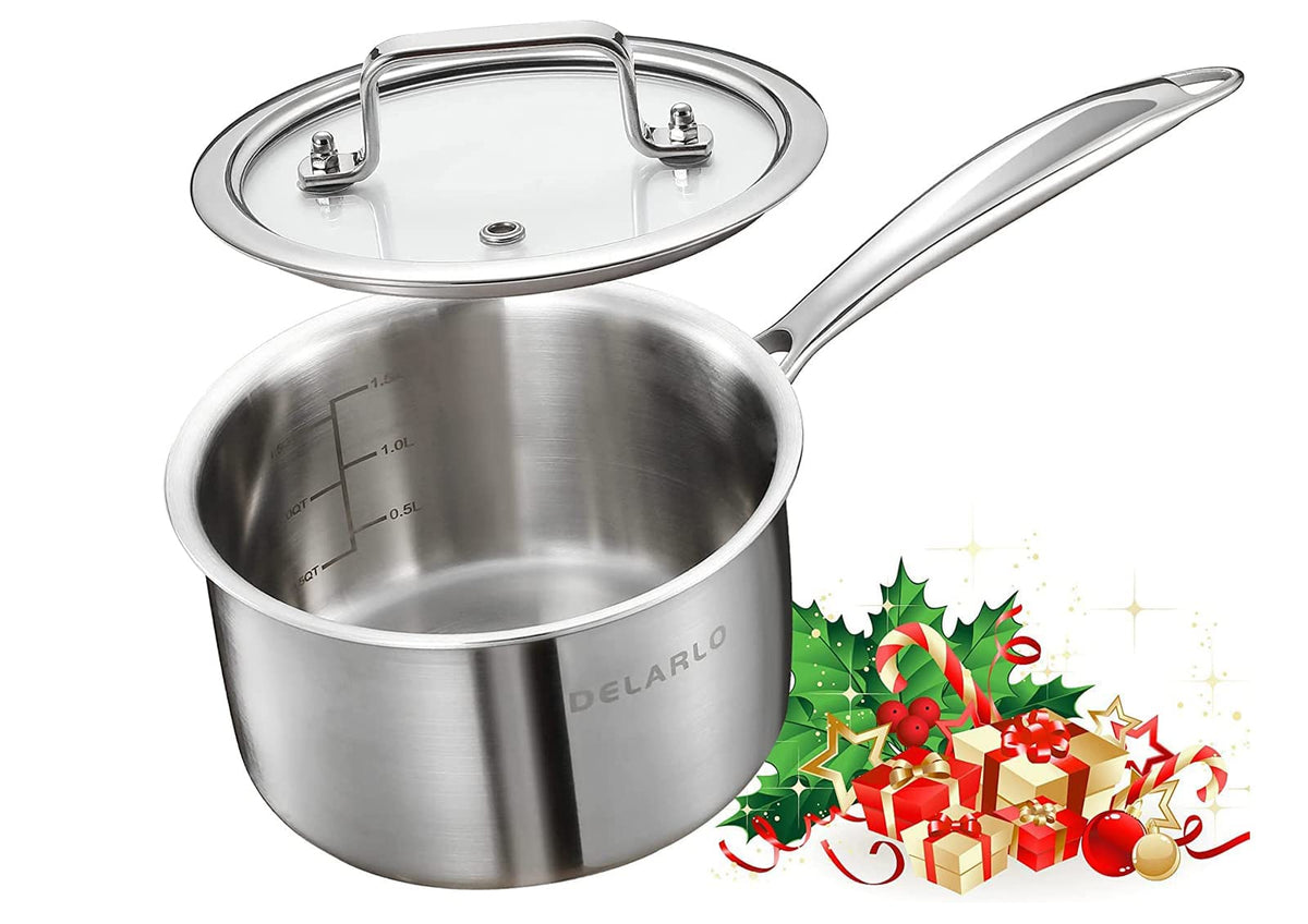 DELARLO Stainless Steel Small Brushed Saucepan With Lid, Induction Cooking Sauce Pot Pans, 18/8 Tri-Ply Heavy Bottom Saucier Cookware, Dishwasher Safe & Oven Safe(2 Quart)