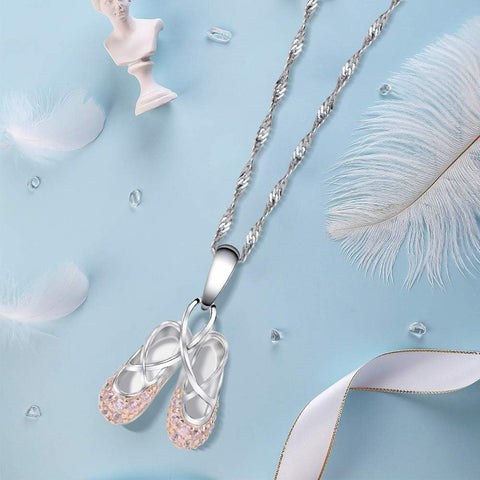 925 Sterling Silver Dance Recital Gifts for Girls Ballerina Necklace Jewelry Cubic Zirconia Ballet Slippers Shoes Necklace for Women Teen Little Girl & Dancer 18"