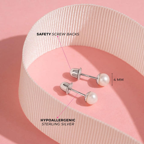 925 Sterling Silver Simulated Pearl Baby Earrings in 3mm-5mm for Toddlers & Young Girls - Hypoallergenic Safety Screw Back Earrings with White Simulated Pearls for Kids