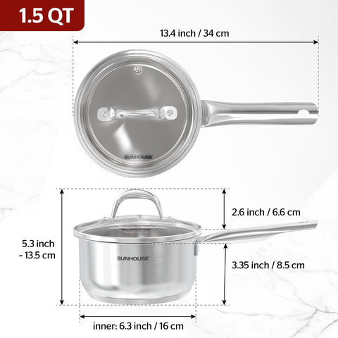 SUNHOUSE 1.5 Quart Sauce Pan, Stainless Steel Sauce Pan With Lid, Advanced Impact Bonding Technology, Stay-Cool Handle, Dishwasher Safe, Compatible with All Cooktops, PFOA Free