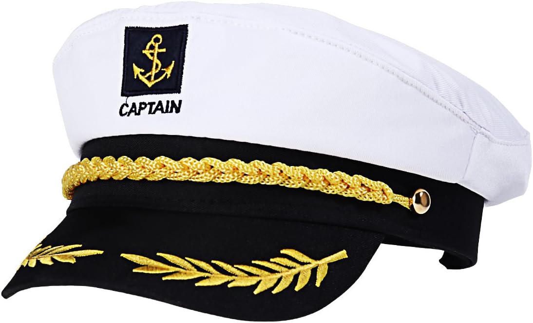 Adult Yacht Boat Sailor Captain Costume Hat Cap Marine Admiral (White), As Shown, 22 x 15 x 5 cm