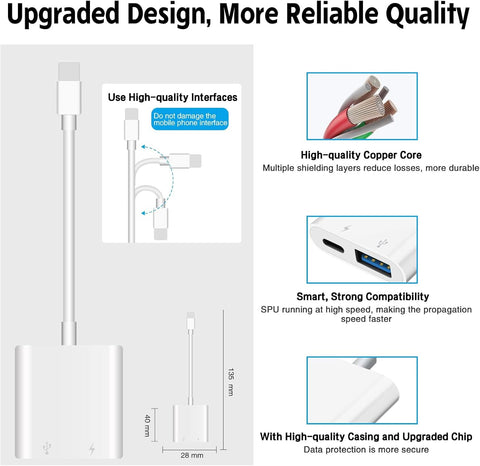 Adaptador USB para cámara, adaptador USB hembra OTG compatible con iPhone/iPad, adaptador USB portátil para iPhone con puerto de carga, sin aplicación, Plug and Play (blanco)