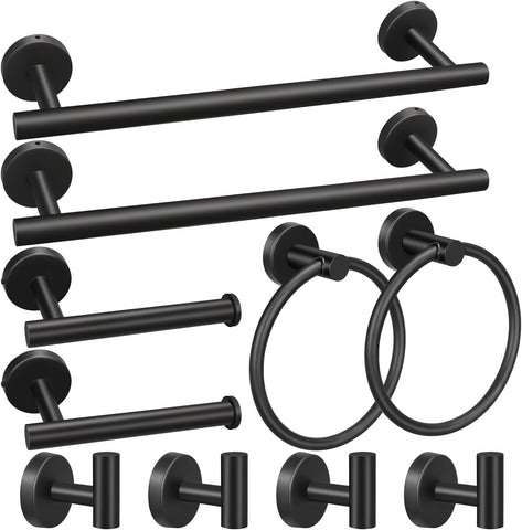 5/10/20pcs Bathroom Hardware Set, Including 16" Hand Towel Bars, Toilet Paper Holders, Towel Rings, Robe Towel Hooks (10pcs 16" Black)