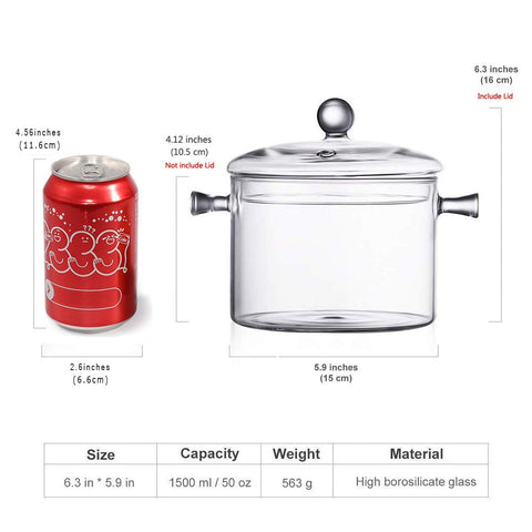 Glass Saucepan with Cover, 1.5L/50 FL OZ Heat-resistant Glass Stovetop Pot and Pan with Lid, The Best Handmade Glass Cookware Set Cooktop Safe for Pasta Noodle, Soup, Milk, Baby Food