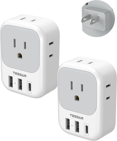 2 Pack European Plug Adapter USB C, TESSAN US to Europe Adapter 4 Outlets 3 USB Charger, Type C International Power Adaptor to Italy Spain France Portugal Iceland Germany, Europe Travel Essentials