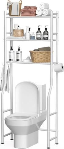3-Tier Over The Toilet Storage, Space Saver Metal Bathroom Shelves, Freestanding Above Over Toilet Storage Shelf with 4 Hooks for Bathroom, Black