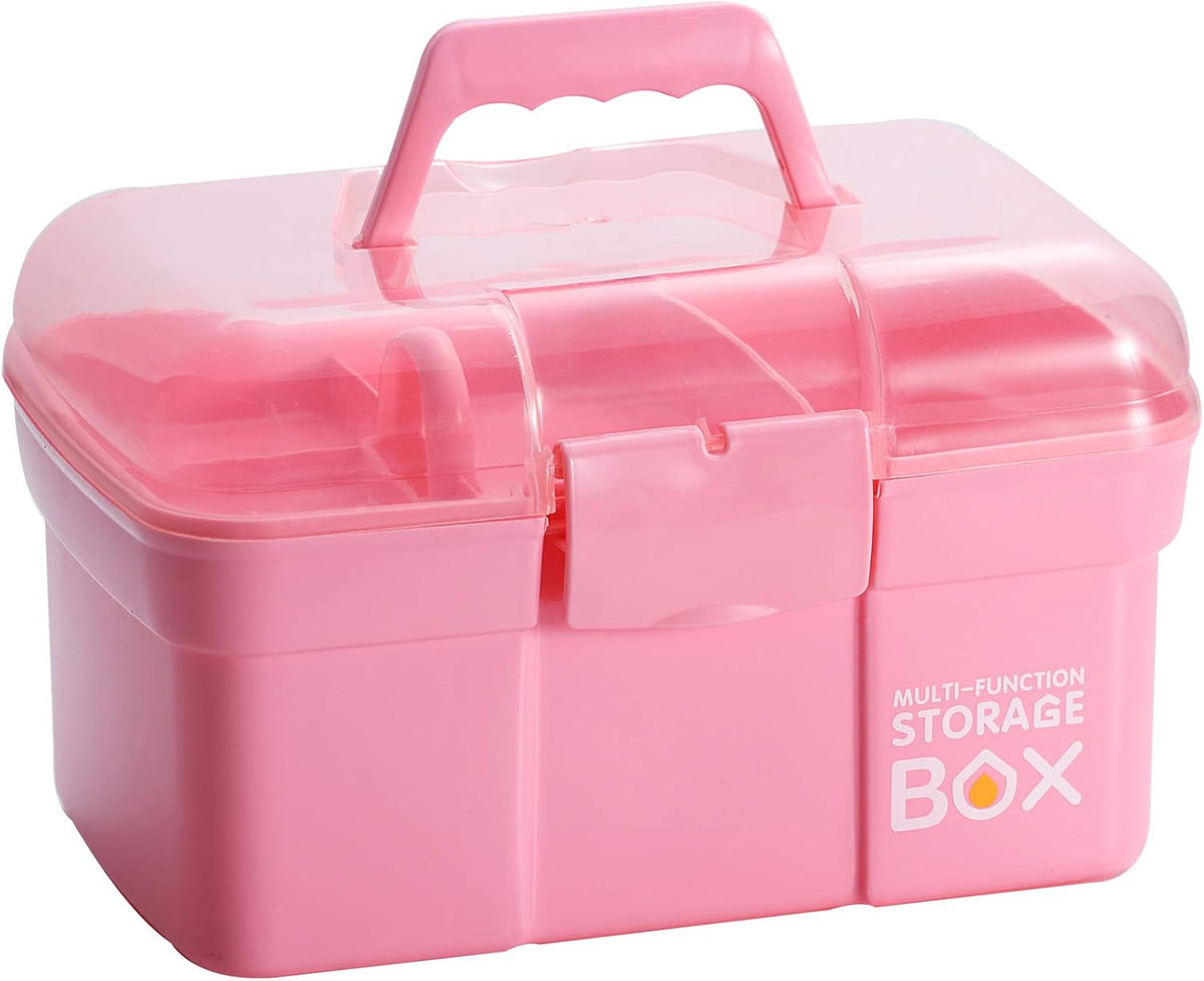 11'' Plastic Storage Box with Removable Tray, Multipurpose Organizer and Storage Case for Art Craft and Cosmetic (Pink)