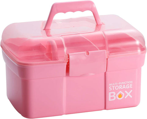 11'' Plastic Storage Box with Removable Tray, Multipurpose Organizer and Storage Case for Art Craft and Cosmetic (Pink)