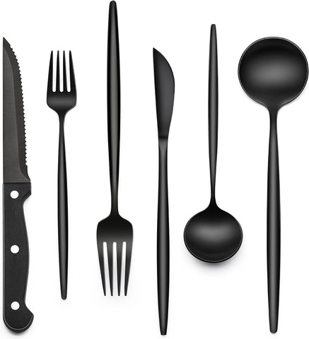 24-Piece Black Silverware Set with Steak Knives, Black Flatware Set for 4, Food-Grade Stainless Steel Tableware Cutlery Set, Mirror Finished Utensil Sets for Home Restaurant