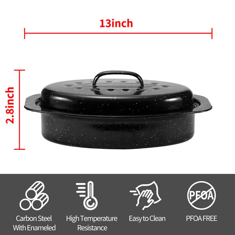 13” Enameled Oval Roasting Pan with Domed Lid - For 7lb Turkey, Chicken, Lamb, Vegetables