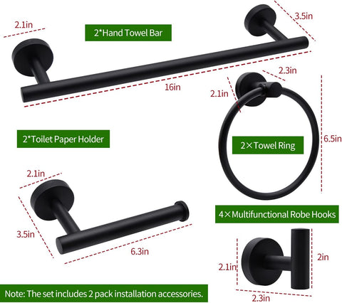 5/10/20pcs Bathroom Hardware Set, Including 16" Hand Towel Bars, Toilet Paper Holders, Towel Rings, Robe Towel Hooks (10pcs 16" Black)