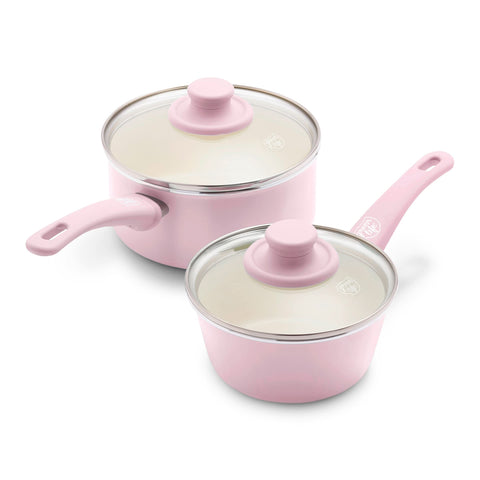 GreenLife Soft Grip 1QT and 2QT Saucepan Set, Healthy Ceramic Nonstick, Non Toxic PFAS & PFOA-Free, Dishwasher Safe, Glass Lids, Stay-Cool Handles, Easy Clean Cookware, Kitchen Essentials, Pink