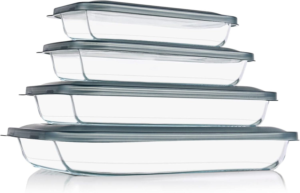 8 Pieces Glass Baking Dish with Lids Rectangular Glass Baking Pan Bakeware Set with Lids, Baking Pans for Lasagna, Leftovers, Cooking, Kitchen, Fridge-to-Oven, Gray