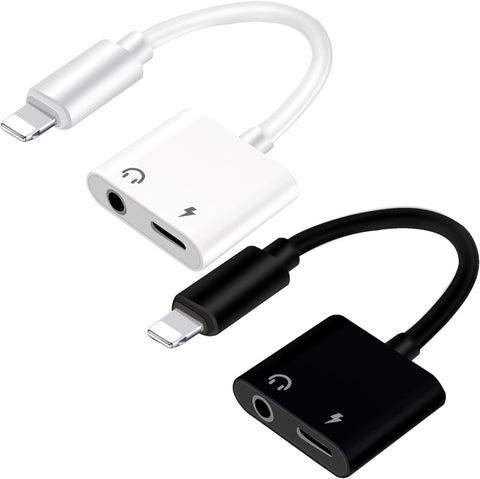 (2 Pack - White & Black) Lightning to 3.5mm Headphones Jack Adapter for iPhone,Apple MFi Certified Dongle 2 in 1 Aux Audio and Charger Splitter Adapter Compatible with iPhone 14/13/12/11/XS/XR/SE/8/7