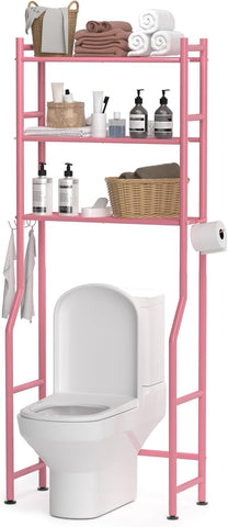 3-Tier Over The Toilet Storage, Space Saver Metal Bathroom Shelves, Freestanding Above Over Toilet Storage Shelf with 4 Hooks for Bathroom, Black