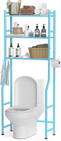 3-Tier Over The Toilet Storage, Space Saver Metal Bathroom Shelves, Freestanding Above Over Toilet Storage Shelf with 4 Hooks for Bathroom, Black
