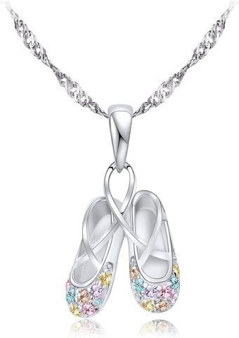 925 Sterling Silver Dance Recital Gifts for Girls Ballerina Necklace Jewelry Cubic Zirconia Ballet Slippers Shoes Necklace for Women Teen Little Girl & Dancer 18"