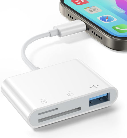 Adaptador USB para cámara, adaptador USB hembra OTG compatible con iPhone/iPad, adaptador USB portátil para iPhone con puerto de carga, sin aplicación, Plug and Play (blanco)