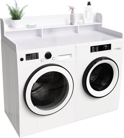 54" W x 27.5" D Washer Dryer Countertop, Laundry Wood Shelf Topper with Edge, 2-Tier Organizer for Washer and Dryer Laundry Hamper Counter Storage Organization, Large Space Laundry Topper, White
