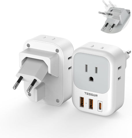 2 Pack European Plug Adapter USB C, TESSAN US to Europe Adapter 4 Outlets 3 USB Charger, Type C International Power Adaptor to Italy Spain France Portugal Iceland Germany, Europe Travel Essentials