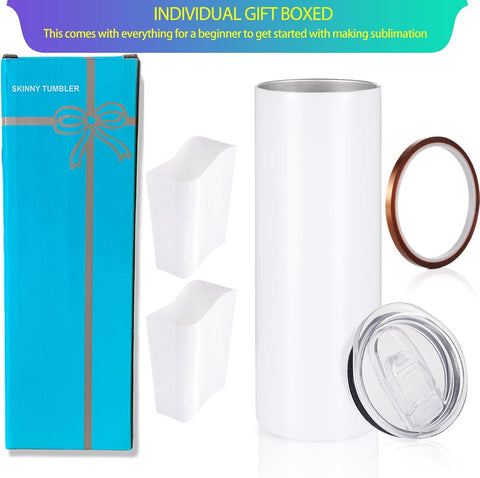 10 Pack Sublimation Tumblers Bulk Straight Skinny Tumbler Blanks 20oz for Heat Transfer, Individual Gift Boxed, Double Wall Insulated Tumbler with Shrink Wrap Films & Heat Tape & Straws